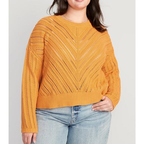 Old Navy Cropped Chevron Open Knit Long Sleeve Crewneck Sweater Orange 2X - Picture 1 of 10